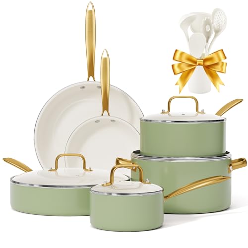 RIOVARM Induzione Set di pentole e padelle con coperchi, In ceramica Antiaderente Set di pentole con set di utensili da cucina, Set cucina essenziale Padella Pentola Padella per salse Spatole