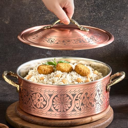 Vintage 100% Pure Solid Copper Hammered Handmade Engraved Cookware Cooking Stew Pot Braiser Lid Pan Oven Fancy Serving Thick Nonstick Handle Non Stick Decorative Kitchen Decor Indian Turkish