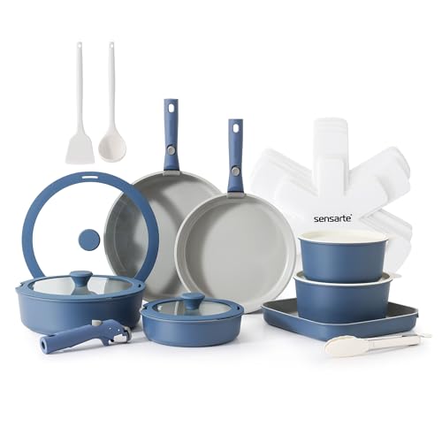 SENSARTE 24 Piece Ceramic Pots and Pans Set, Nonstick Detachable Handle Cookware, Induction Kitchen Cookware Set with Removable Handle, Healthy Non Stick for RV, Dishwasher＆Oven Safe, PFOA Free (Navy)