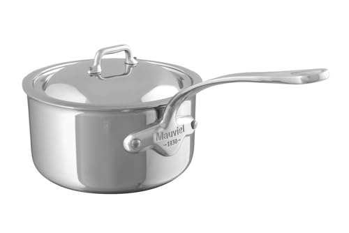 Mauviel M'Cook 5-Ply Polished Stainless Steel Sauce Pan with Lid, and Cast Stainless Steel Handle, 1.8-qt, Made in France