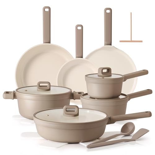 SENSARTE 20Pcs Pots and Pans Set Nonstick, Ceramic Cookware Set Non Stick, Non-toxic Healthy Kitchen Cooking Set, Induction Compatible, Dishwasher Safe, PFAS/PTFE/PFOA Free, TAUPE