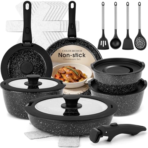 Colourcoco Pots and Pans Set - Non Stick 25 Pieces Cookware Set Pots and Pans with Detachable Handles, Includes Pans, Pots, Utensils, Trivets for Hot Dishes, Lids, Space-Saving Cookware