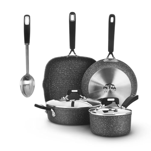 KASANOVA New Petra Dark 7-Pcs Cookware set Nonstick, Induction ready, Aluminum cookware set with glass lids, Frying Pans & Casseroles, PFOA free, with kitchen turner