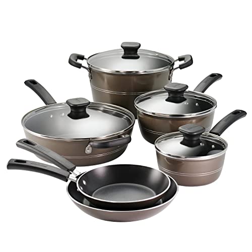 Tramontina Sicilia 10-Piece Non Stick Cookware Set with Glass Lids, Aluminum Nonstick Pots and Pans Kitchen Set (Hazelnut)