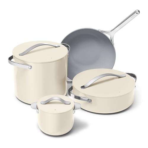Caraway Cookware+ Collection - Specialty Cookware Set - Petite Cooker, Stir Fry Pan, Rondeau, & Stock Pot - 3 Lids & Storage Organizer Included - Cream
