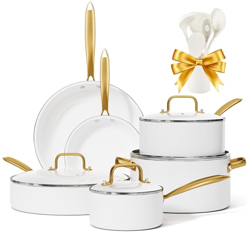 RIOVARM Induzione Set di pentole e padelle con coperchi, In ceramica Antiaderente Set di pentole con set di utensili da cucina, Set cucina essenziale Padella Pentola Padella per salse Spatole