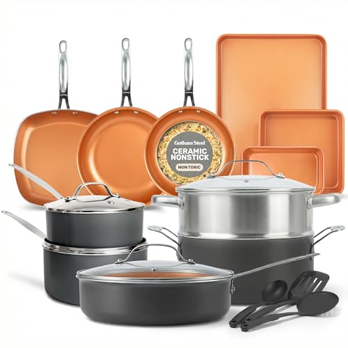 GOTHAM STEEL 20 Pc Ceramic Cookware Set, Copper Pots and Pans Set Non Stick with Bakeware, Cooking Utensils, and Steamer, Oven and Dishwasher Safe