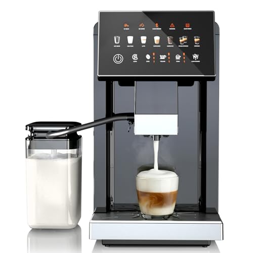 Kndko Fully Automatic Coffee Machine, 20 Bar Automatic Espresso Machine, Coffee Maker with Grinder for 15 Settings, Auto Self-Cleaning, Touch Control for Cappuccino & Latte, Removable Water Tank