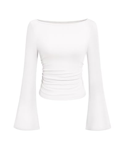 PRETTYGARDEN Womens Long Sleeve Shirts 2026 Spring Crop Going Out Tops Casual Boat Neck Bell Sleeve Ribbed Ruched Y2K Clothes (White,Small)